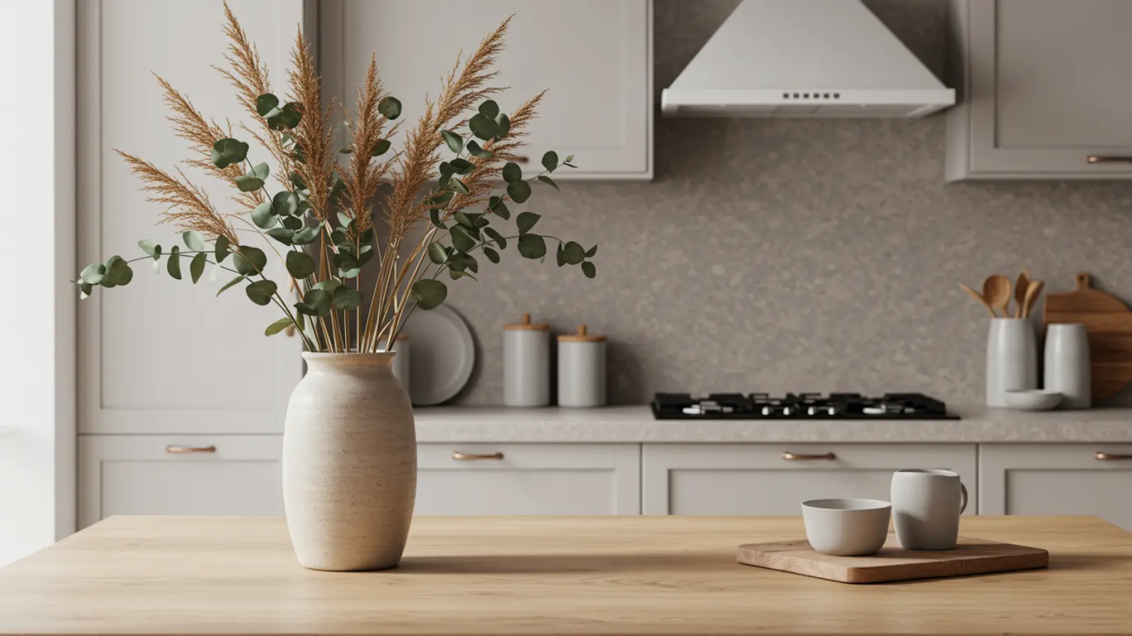 Tall vase with eucalyptus stems placed on kitchen island countertop with open space around it