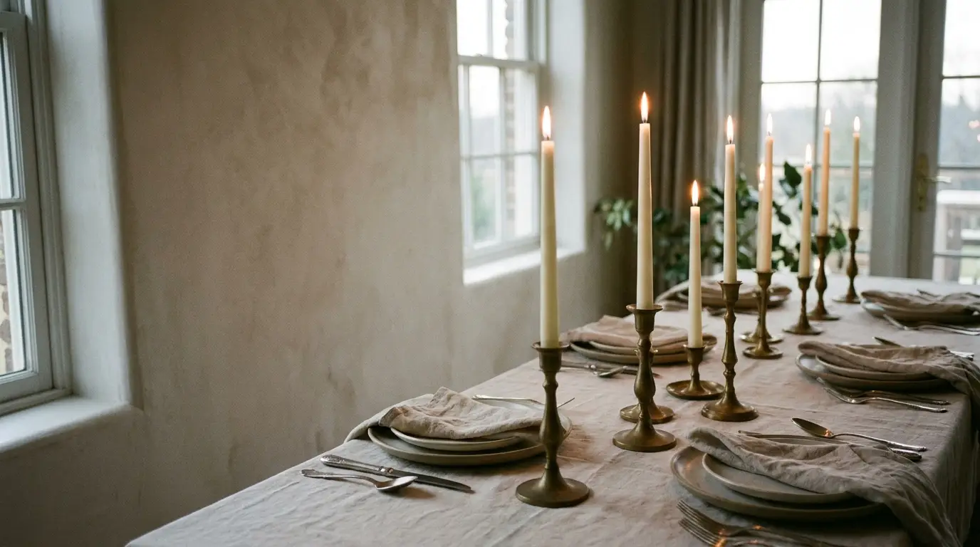 Elegant dining table set with brass candle holders and linen napkins in softly lit room