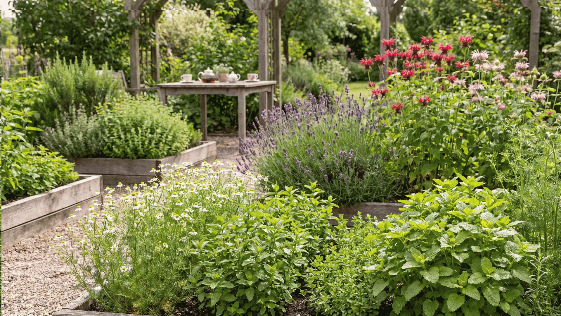 Tea garden with chamomile, peppermint, lemon balm, lavender, and bee balm herbs growing in a peaceful outdoor setting.