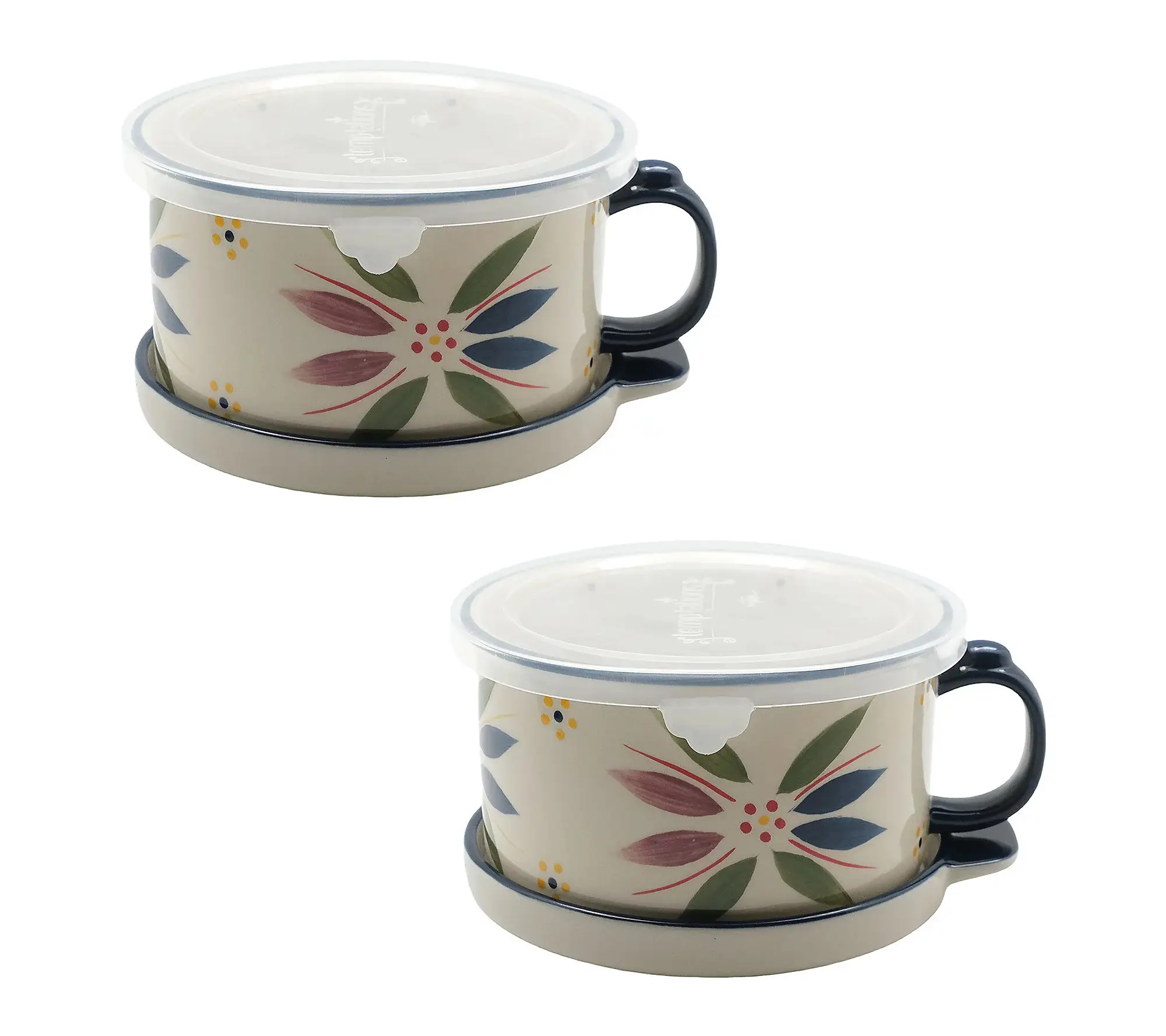Ceramic mugs with floral patterns and plastic lids against plain background