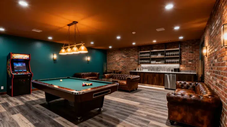 Pool table in rustic game room with brick walls, arcade machine, and leather sofas