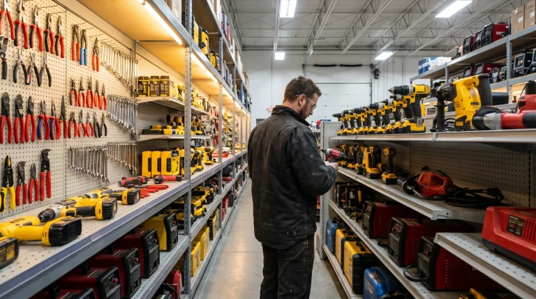Man browsing power tools and hand tools in a hardware store aisle under bright lighting