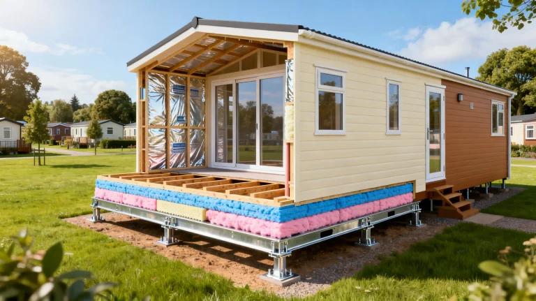 Modular home under construction with exposed insulation and sliding glass doors in sunny outdoor setting
