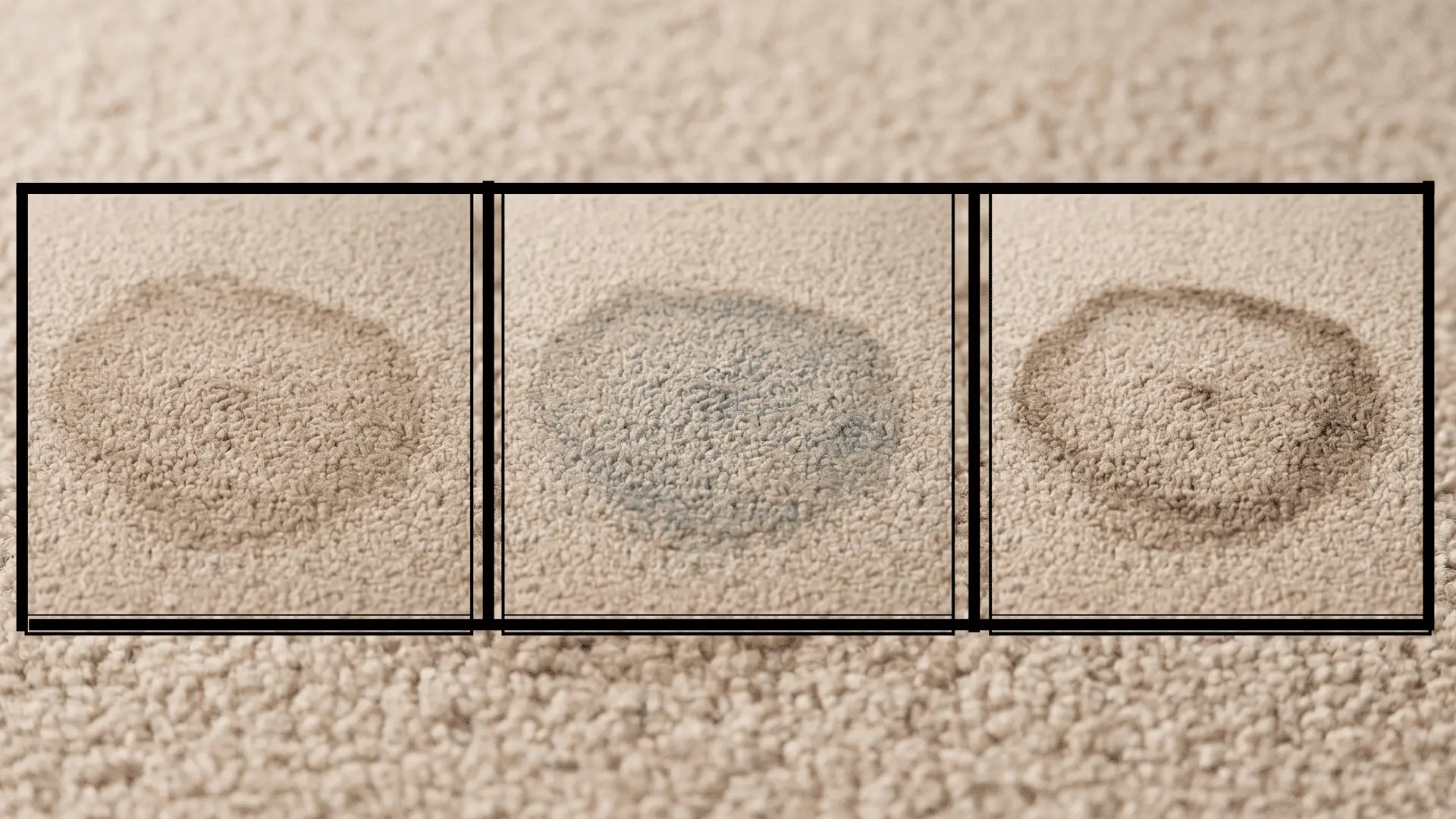 Three boxed sections showing damp carpet after different paint stains were removed