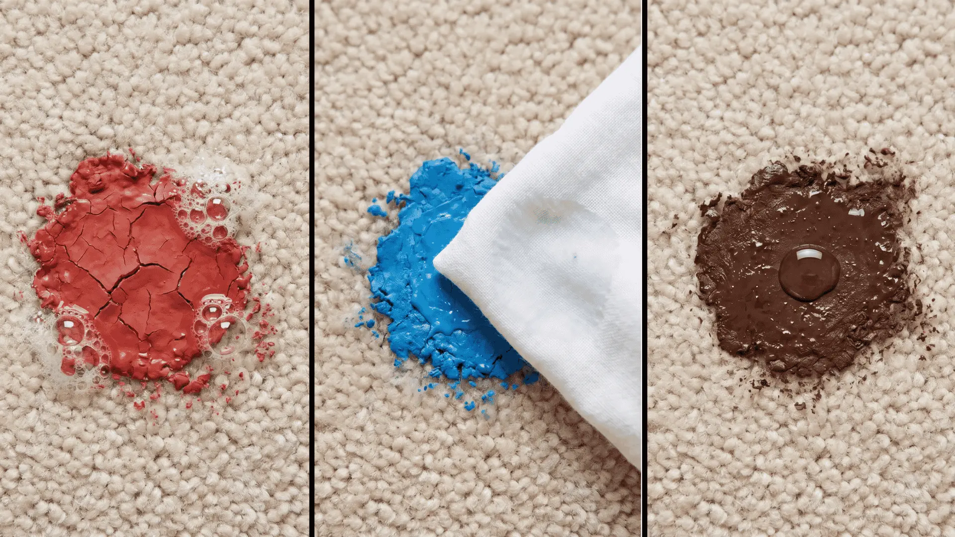 Three boxed sections showing different dried paint types with liquid applied on carpet Brush scrubbing softened paint from carpet fibers