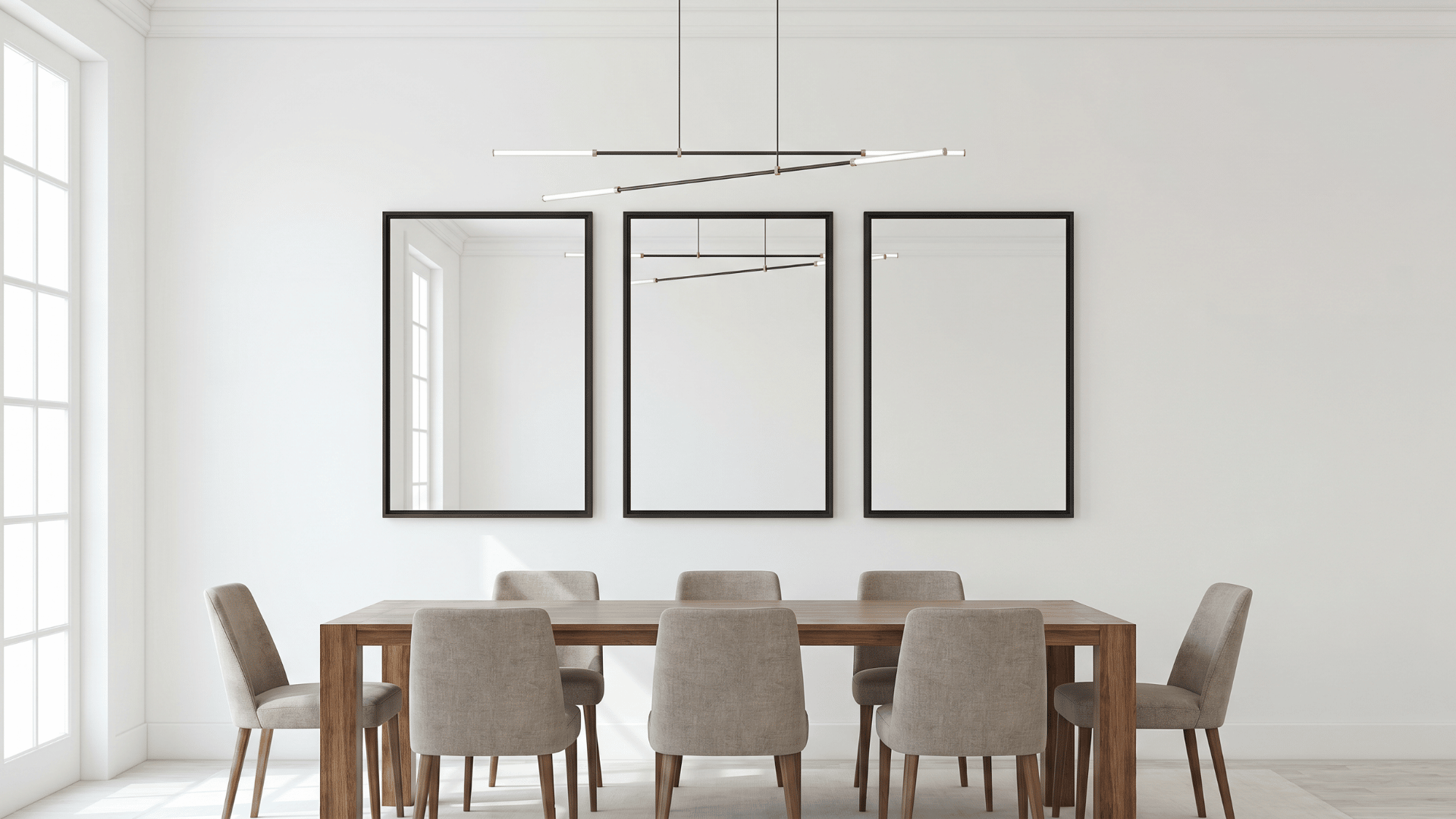 Three matching mirrors arranged evenly on a dining room wall