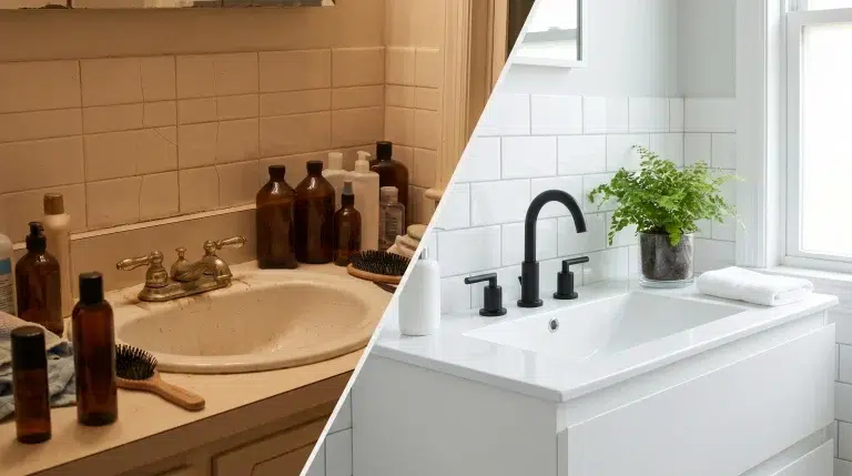 Dual image of a cluttered bathroom sink with cluttered bottles and a bright, modern sink with a plant