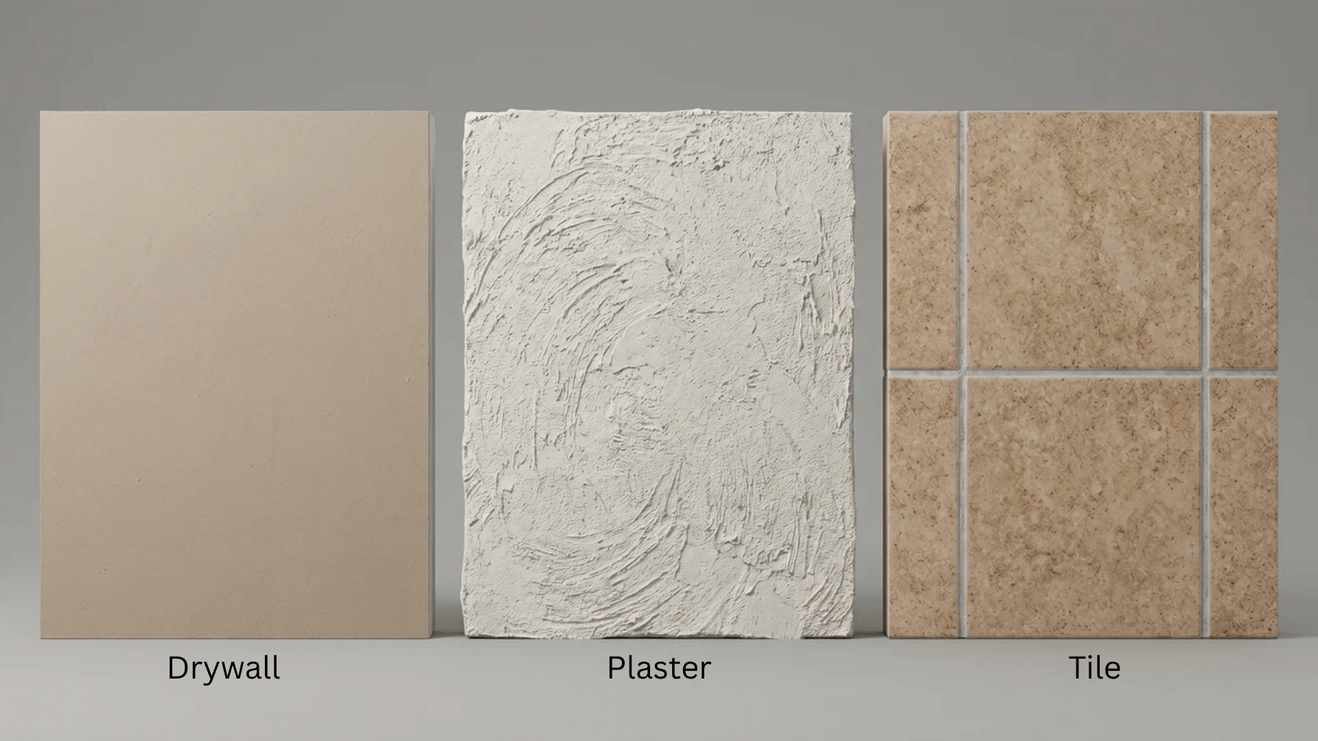 Three wall surface samples side by side smooth painted drywall, textured plaster, and ceramic tile.