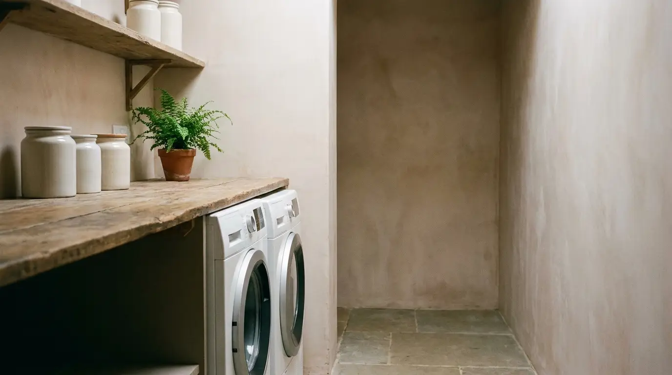 Washing machines beside wooden shelf with jars and potted fern in minimalist laundry room