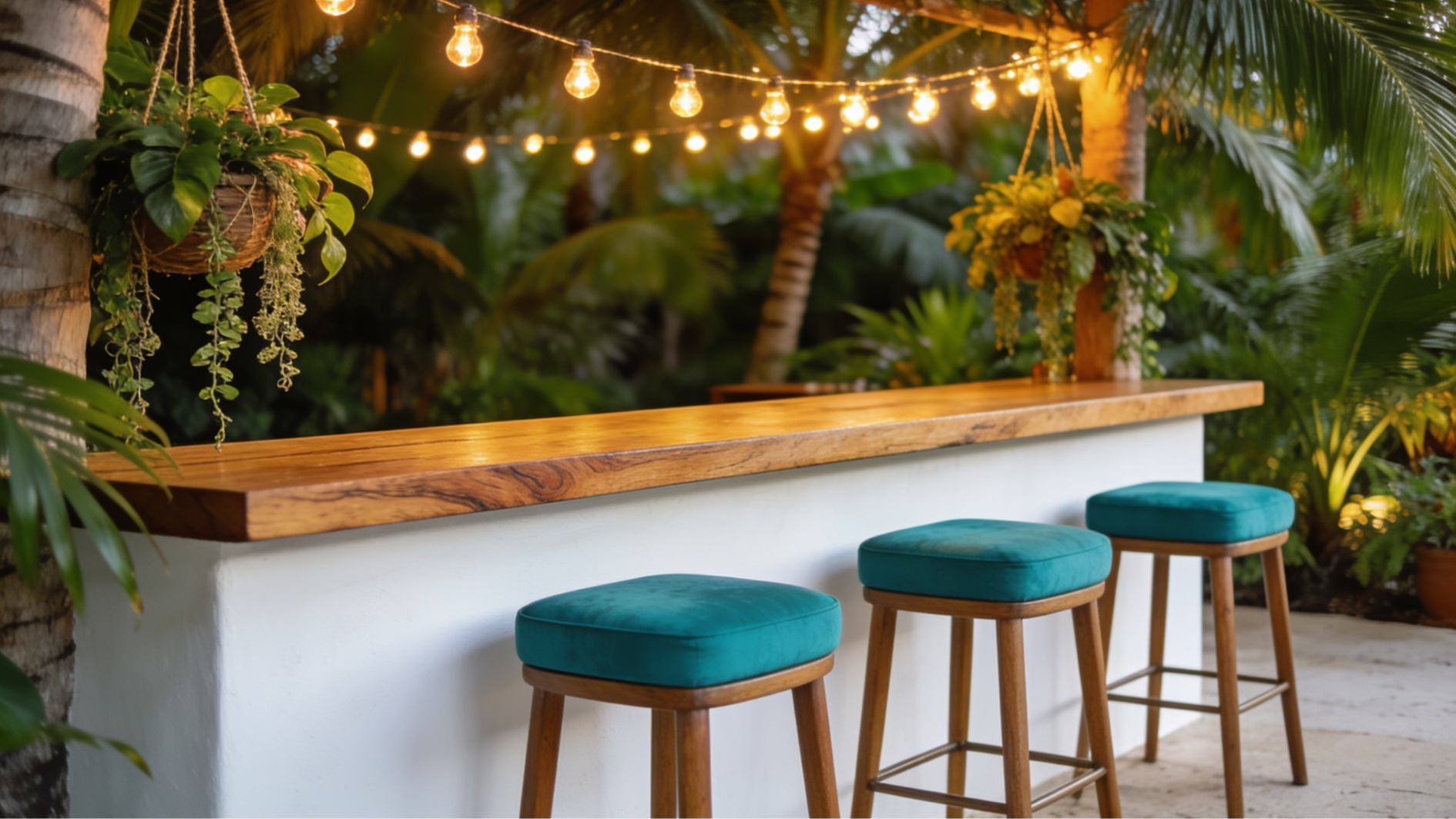 tiki style outdoor kitchen bar with lights, basket and stools