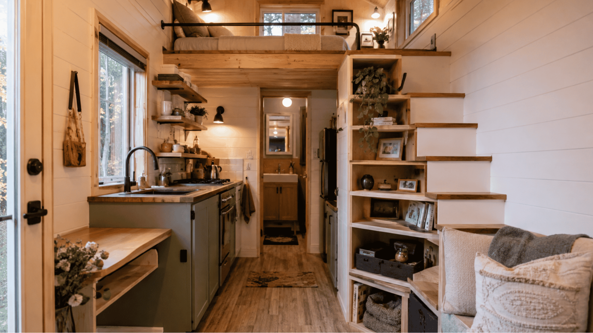 tiny cabin interior with loft bed, built-in shelves, compact kitchen, wood details, and soft warm lighting.
