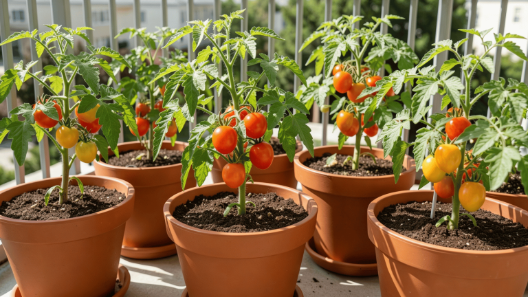 Tomato plants growing in pots on a sunny patio with ripe tomatoes and visible potting soil