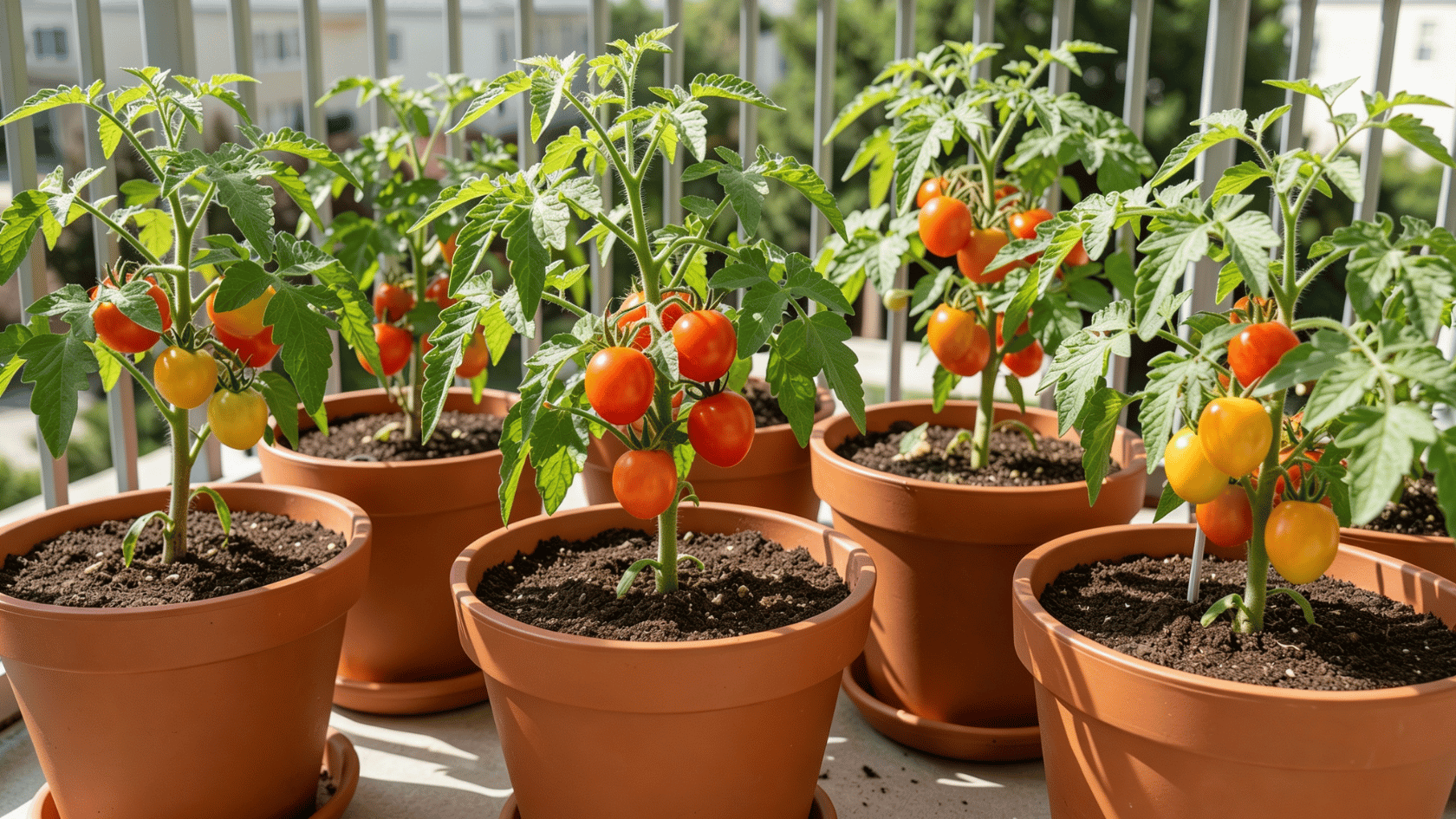 Tomato plants growing in pots on a sunny patio with ripe tomatoes and visible potting soil