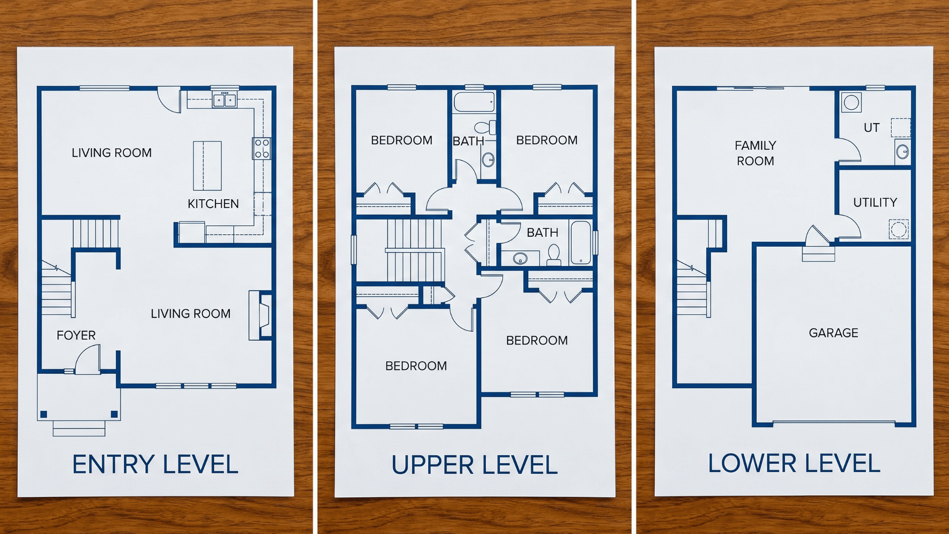 Top-down floor plans of a tri-level house showing entry/mid, upper, and lower levels side by side.