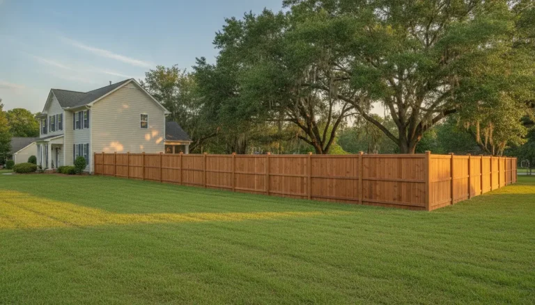 Suburban house with wooden fence and lush green lawn under clear sky