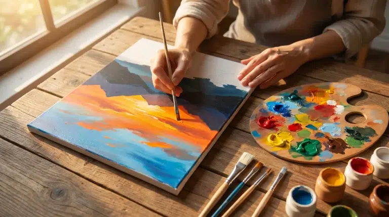 Artist painting vibrant landscape on canvas with palette and brushes on wooden table
