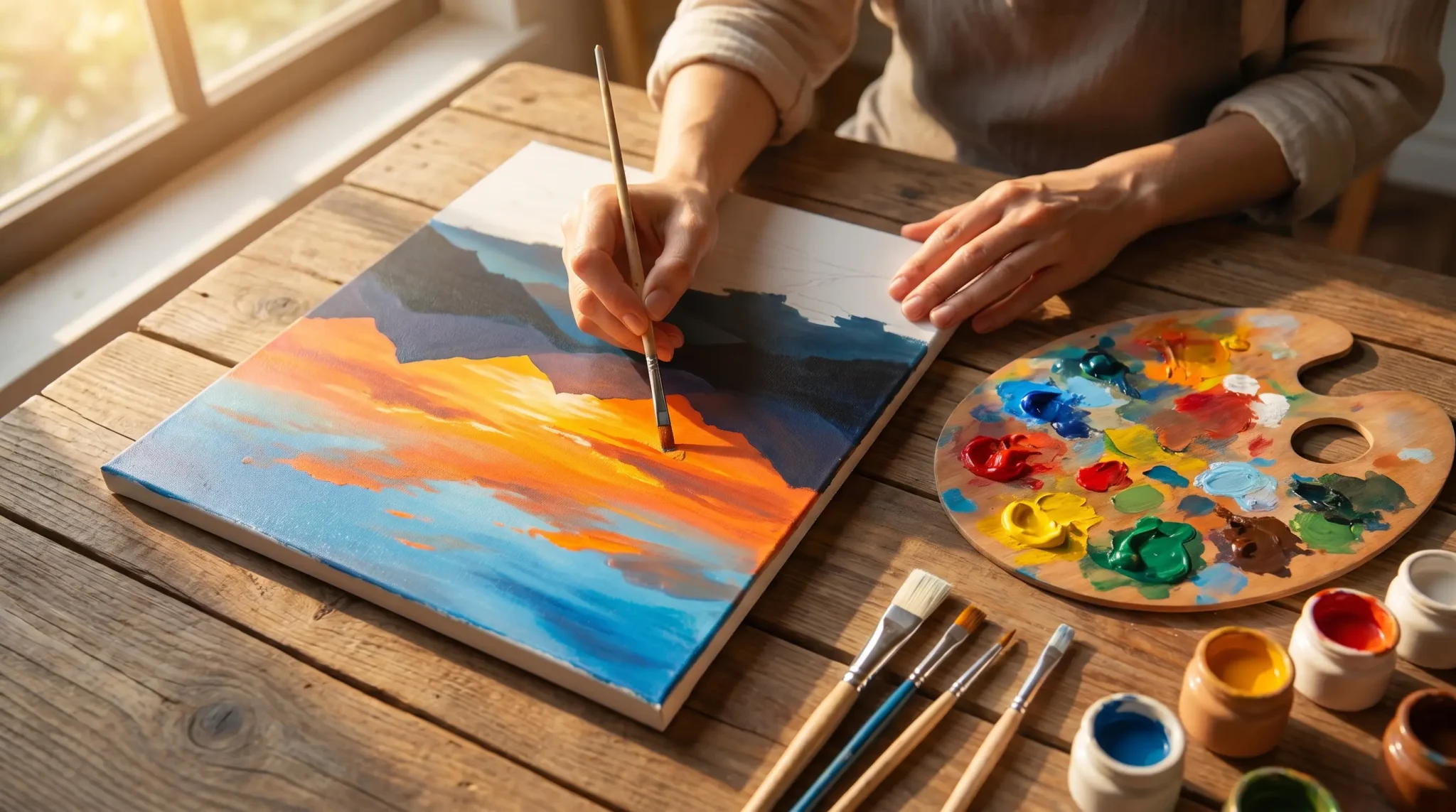 Artist painting vibrant landscape on canvas with palette and brushes on wooden table