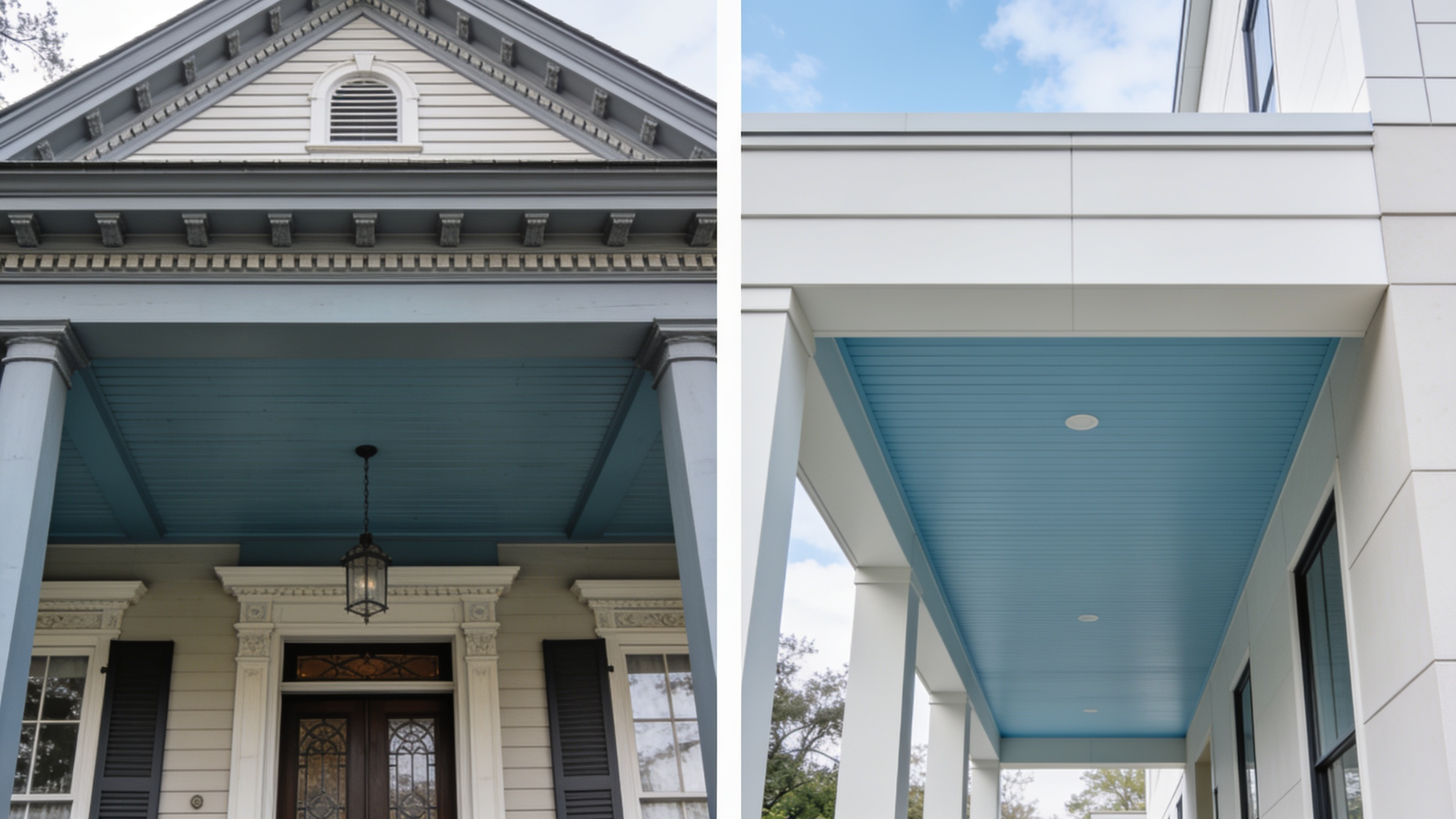 Traditional Southern home with gray-blue porch ceiling and modern home with clean sky blue porch ceiling.