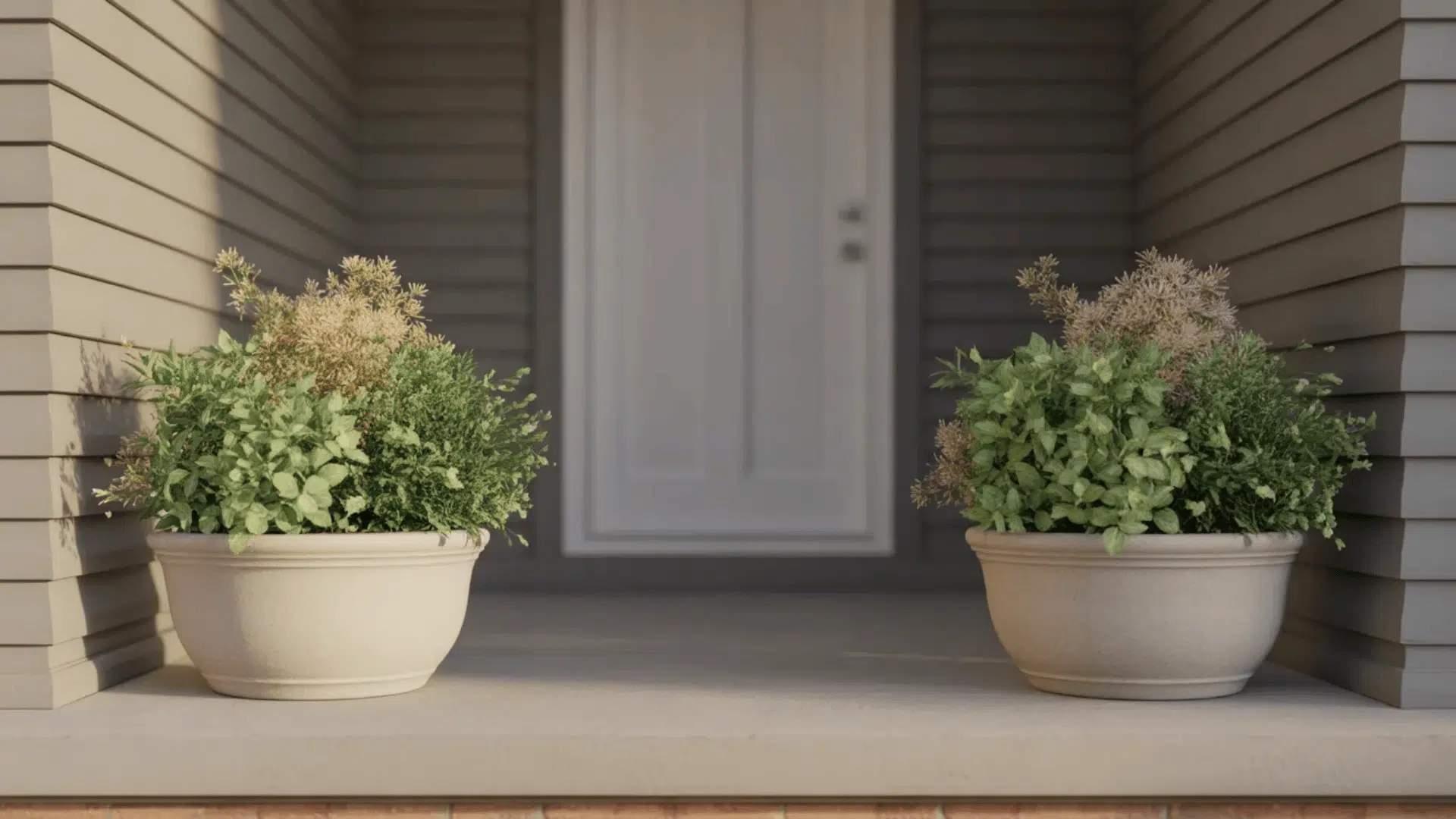 Two identical planters placed on both sides of a front entrance