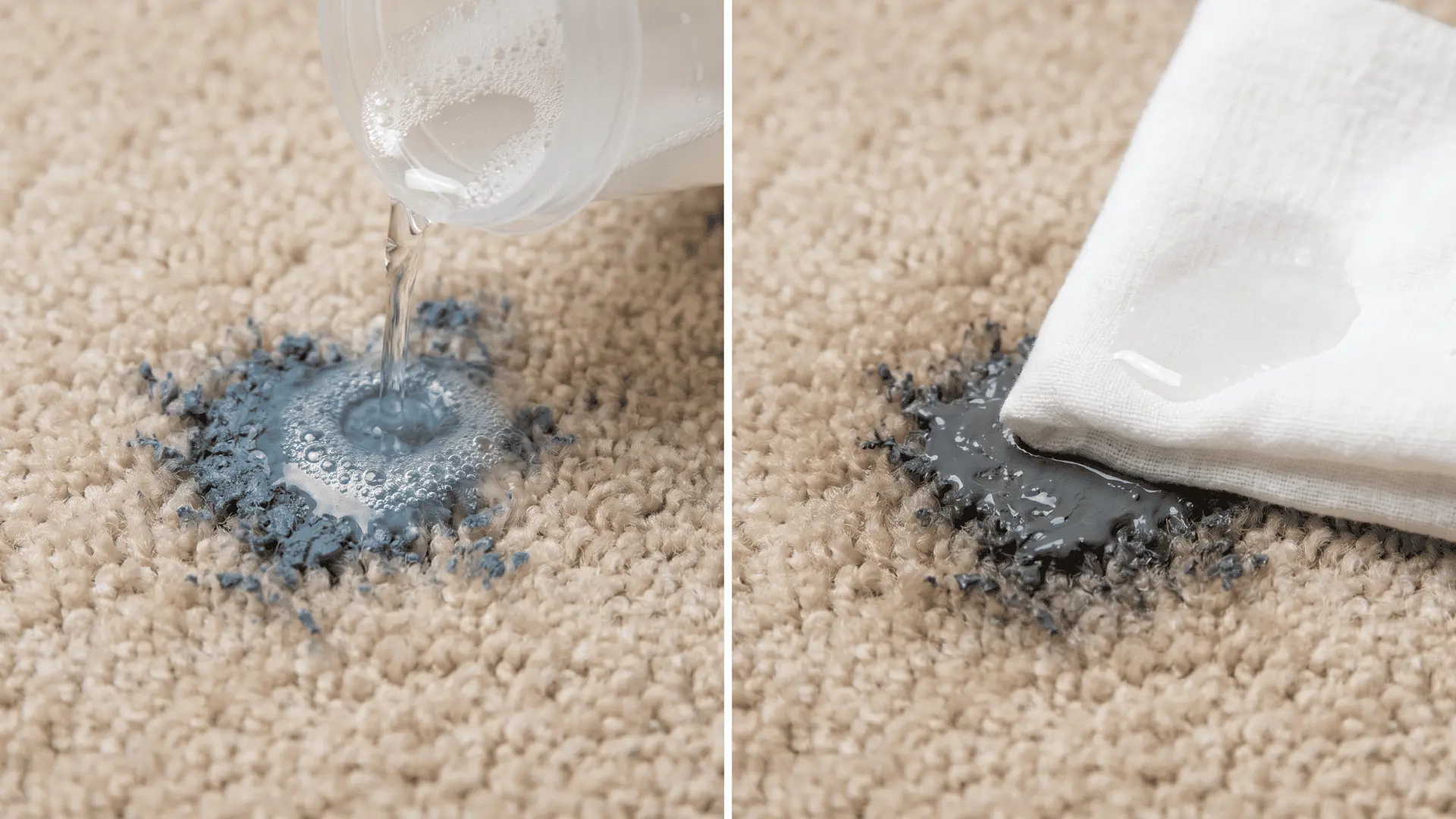Two panels showing liquid being applied to different paint stains on carpet