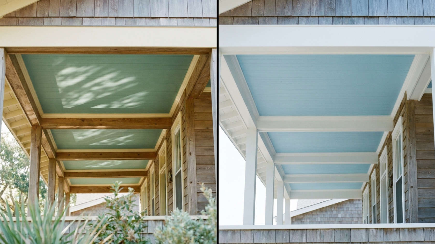 Two porch ceilings side by side, left in warm green-leaning blue-green with wood trim, right in cool sky blue with white trim.