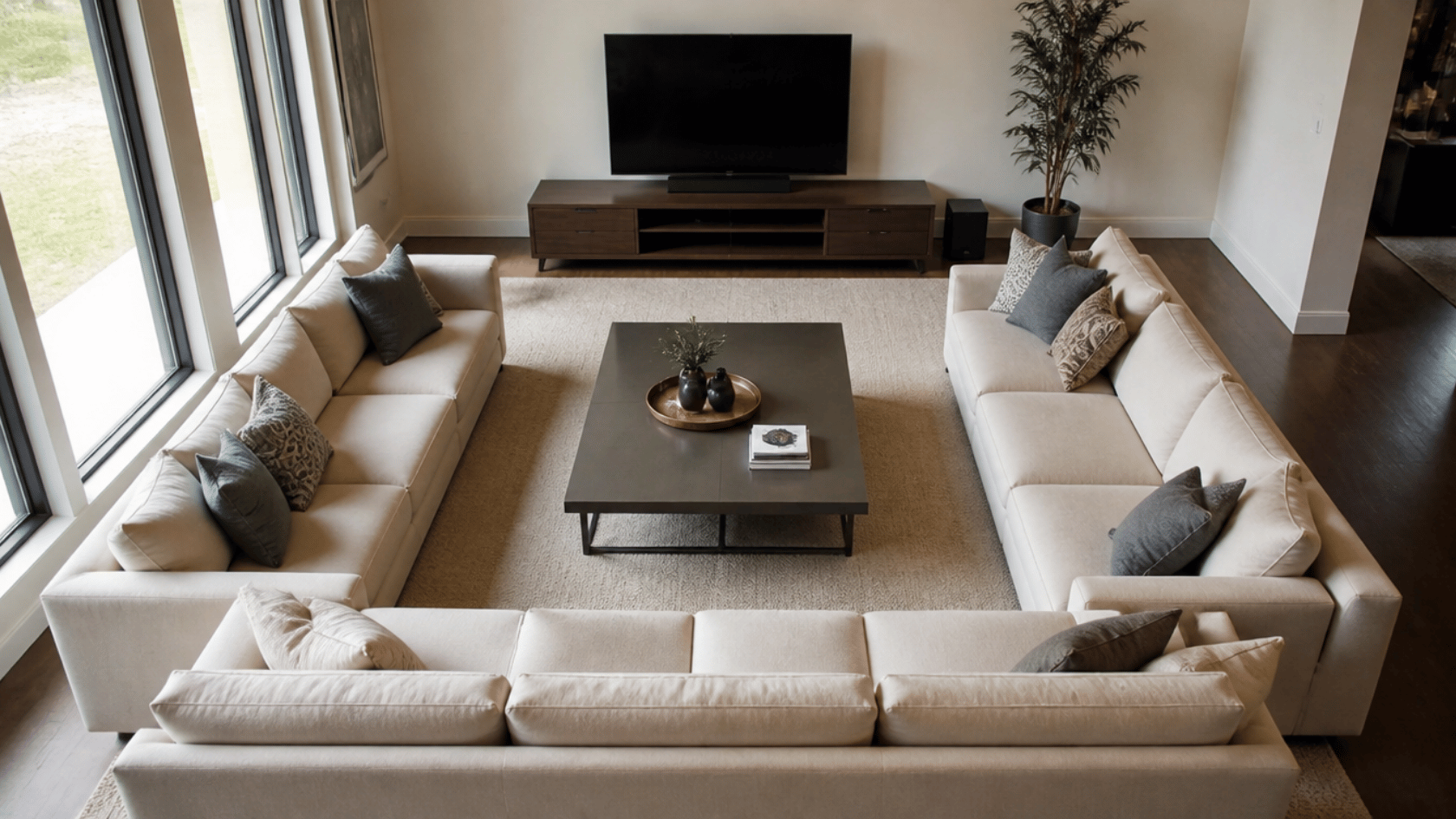 Two sofas forming a U shape around a coffee table with TV at the open end