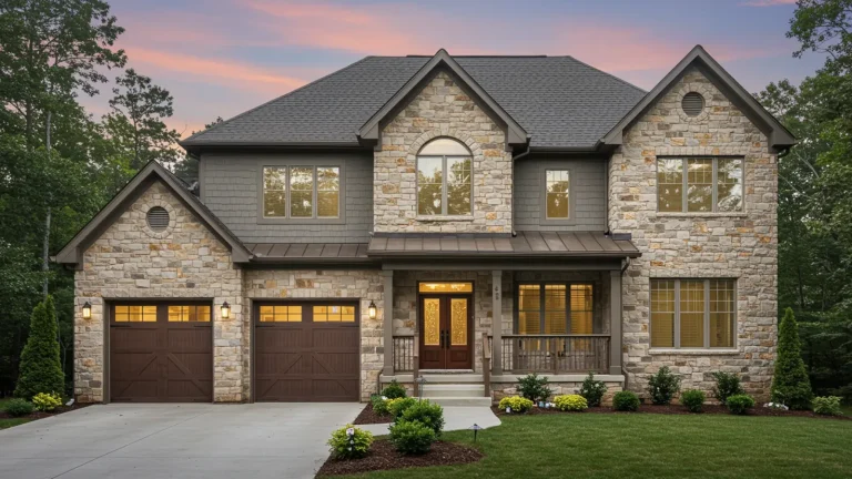 two-story stone house with double garage, front porch, and landscaped yard at dusk