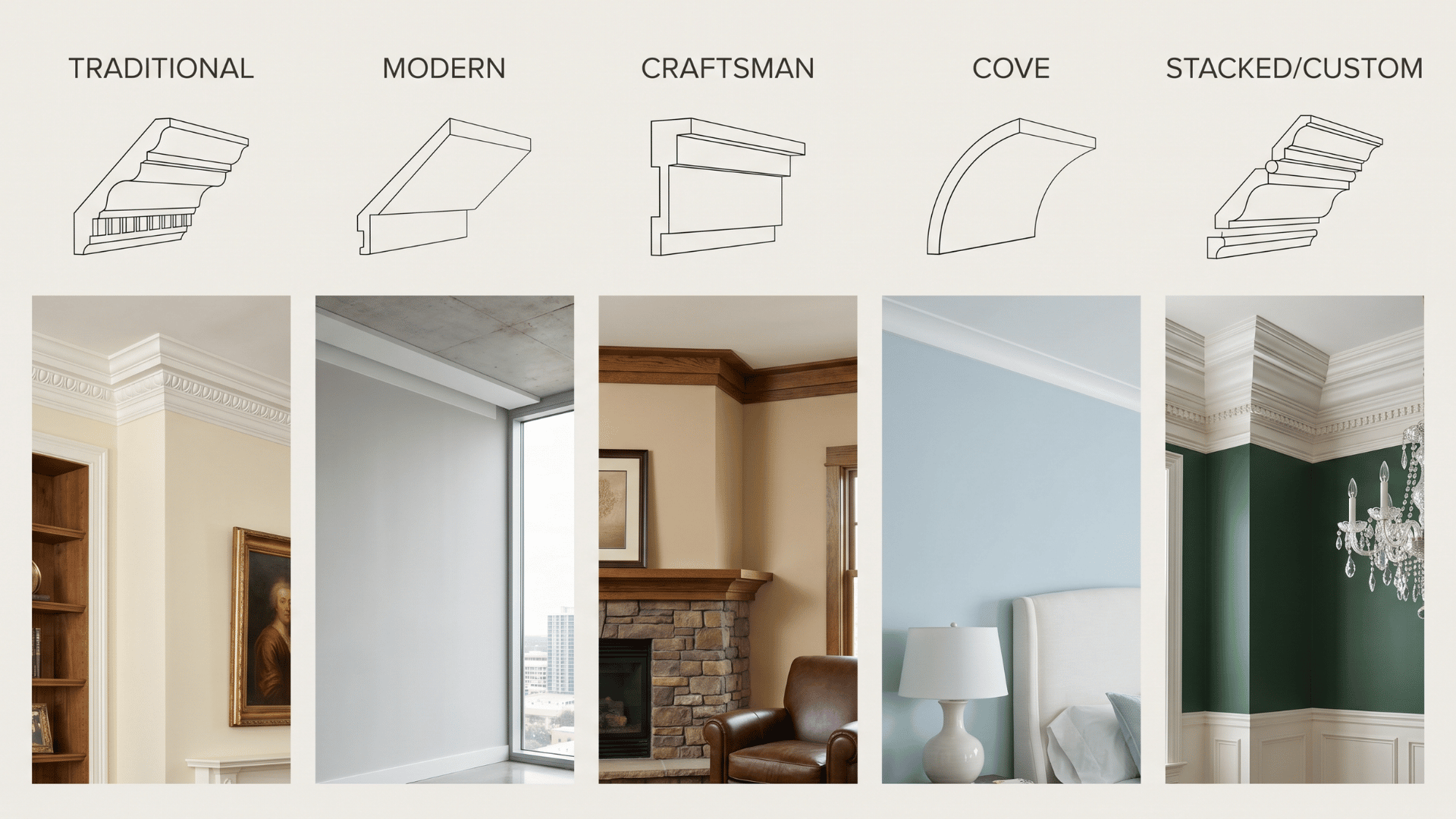 Line drawings of five crown molding profiles: Traditional, Modern, Craftsman, Cove, and Stacked/Custom, showing shape and cross-section.