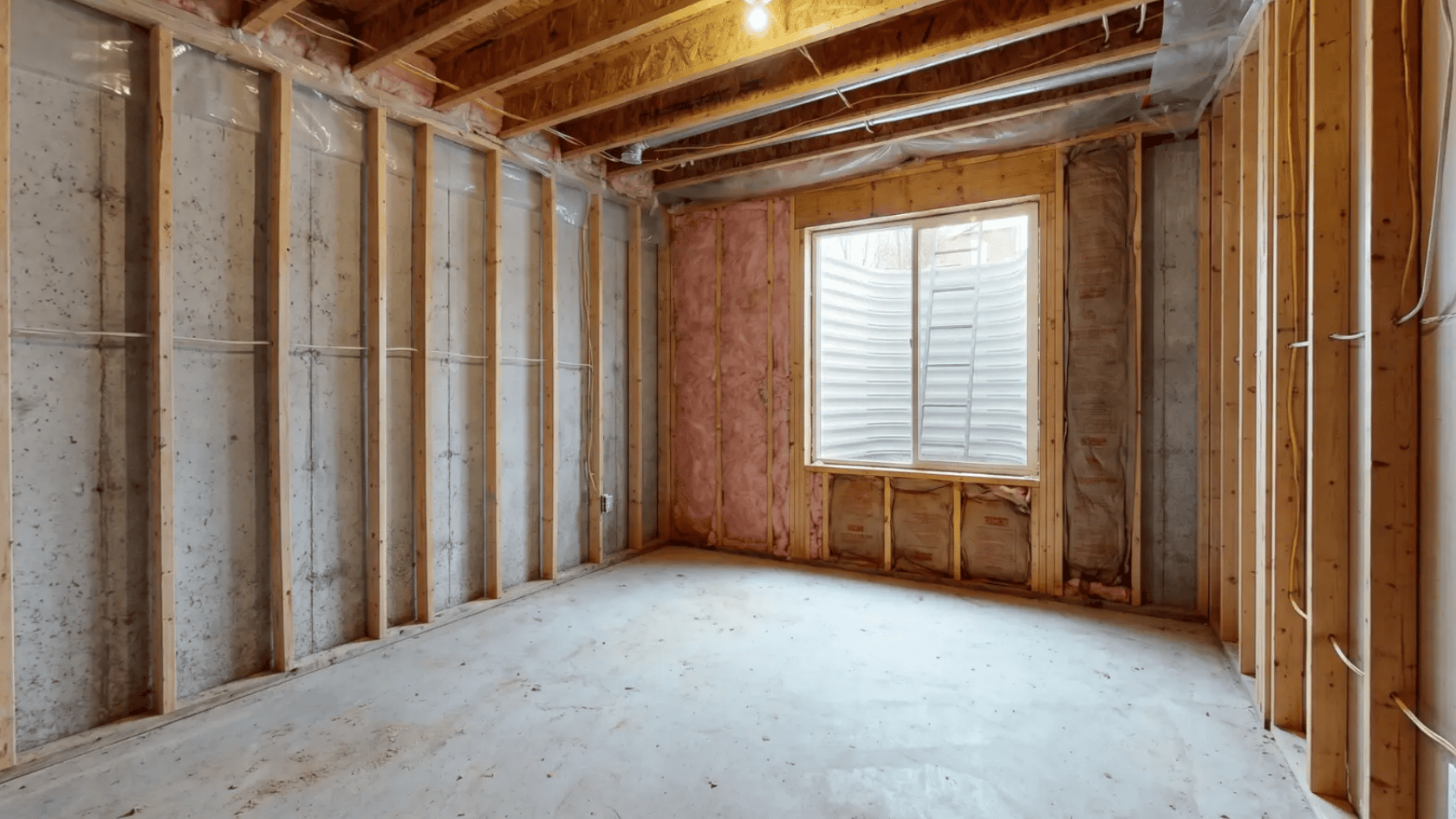 Unfinished room with exposed wall studs, insulation, and concrete floor, and a window with exterior well visible