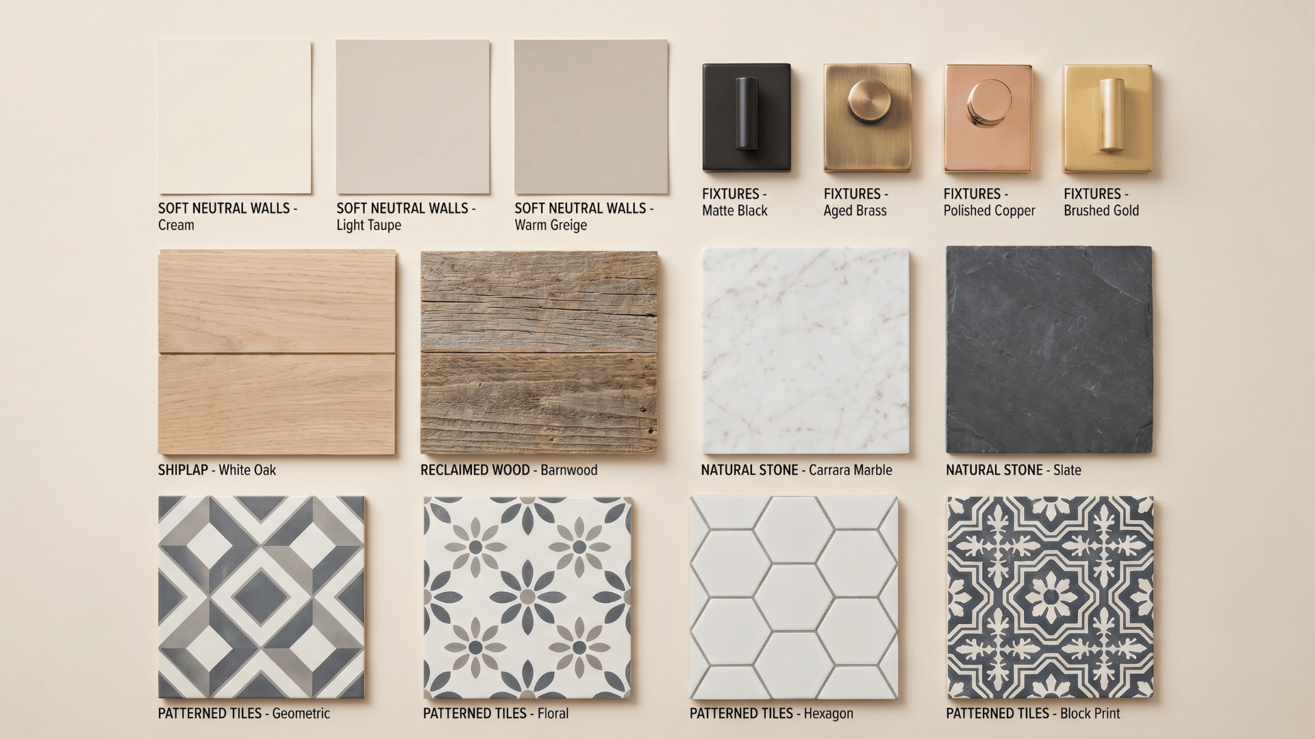 Bathroom color and material palette with neutrals, metals, shiplap, wood, and tile samples.