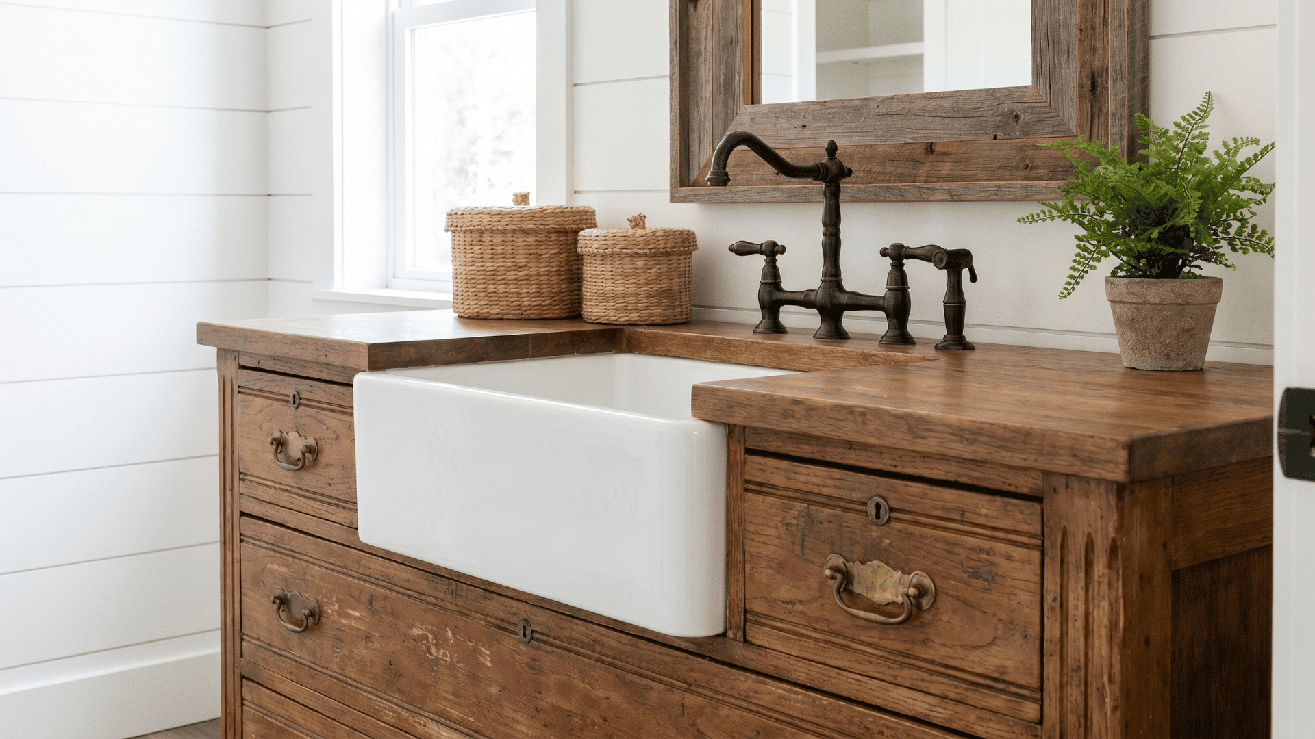 Farmhouse sink with vintage faucet on a repurposed antique dresser vanity in a rustic-modern bathroom.