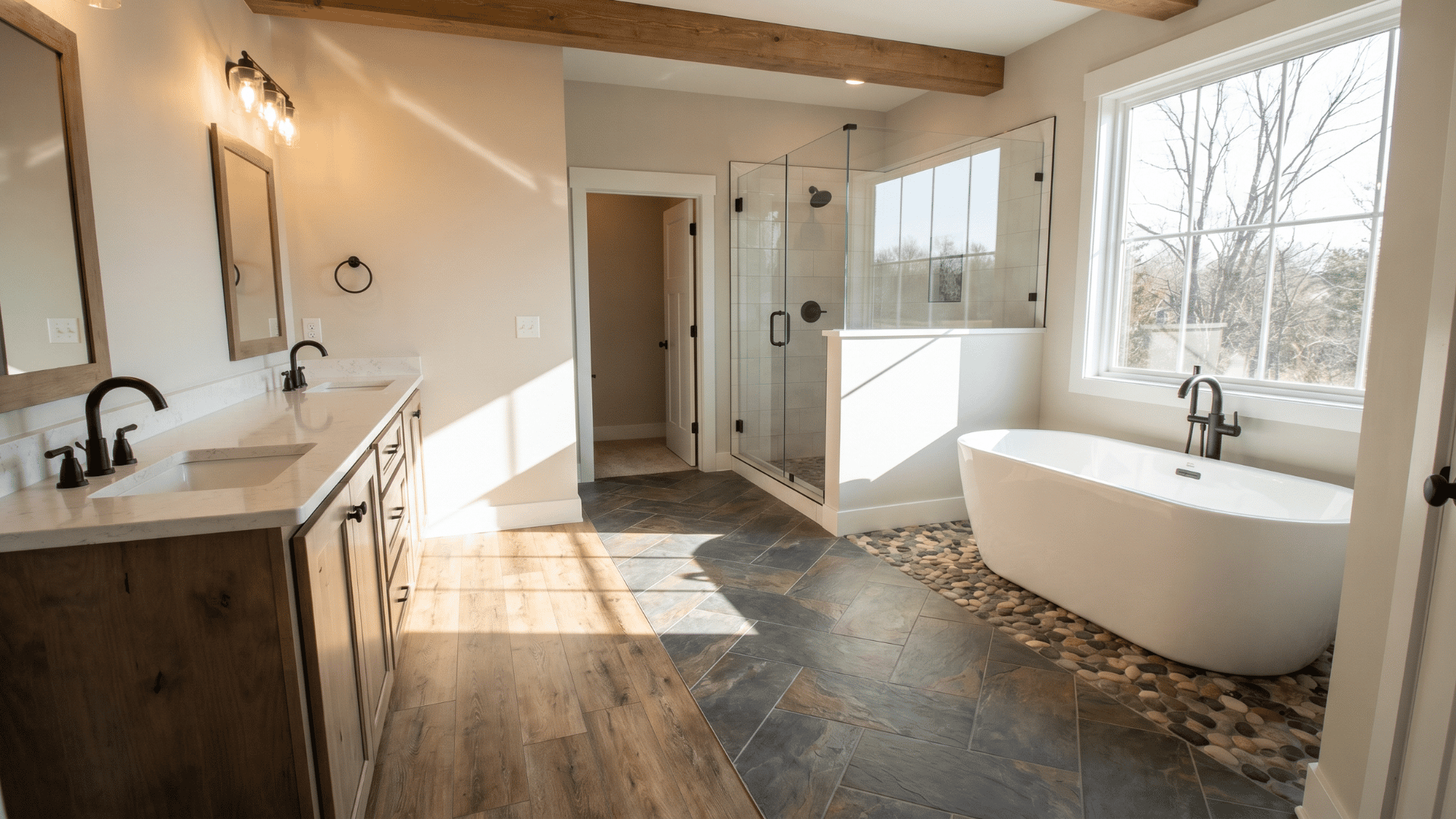 LVT, hardwood-look, and natural stone flooring in a <echighlighted><echighlighted><echighlighted><echighlighted>modern farmhouse bathroom</echighlighted></echighlighted></echighlighted></echighlighted> with warm, rustic-modern textures.