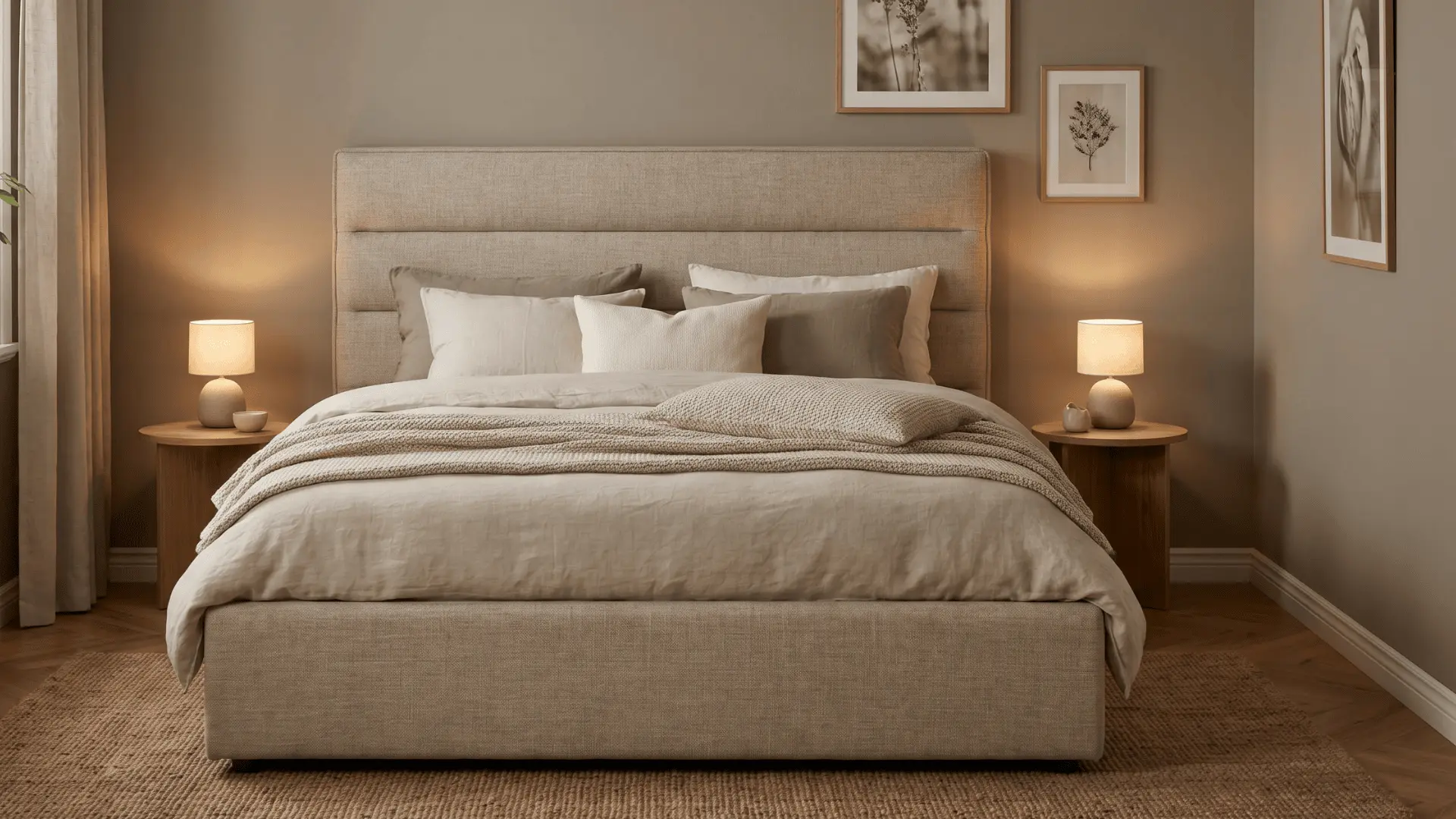 upholstered platform bed with padded fabric headboard and frame in a cozy neutral bedroom