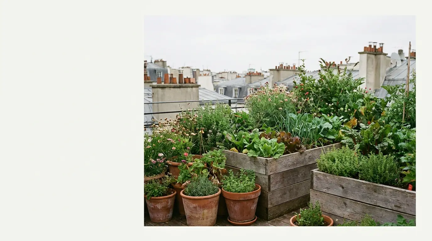 Vegetable and herb garden in wooden planters on urban rooftop patio