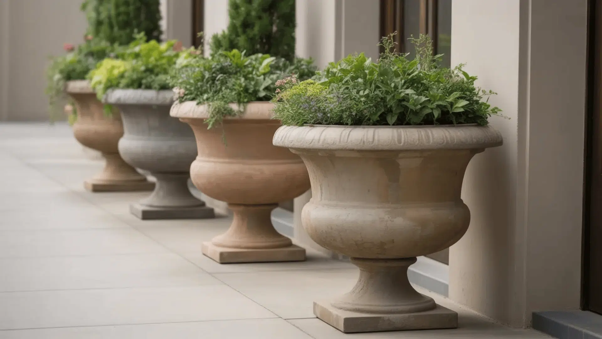 Urn-shaped containers with plants placed near a walkway