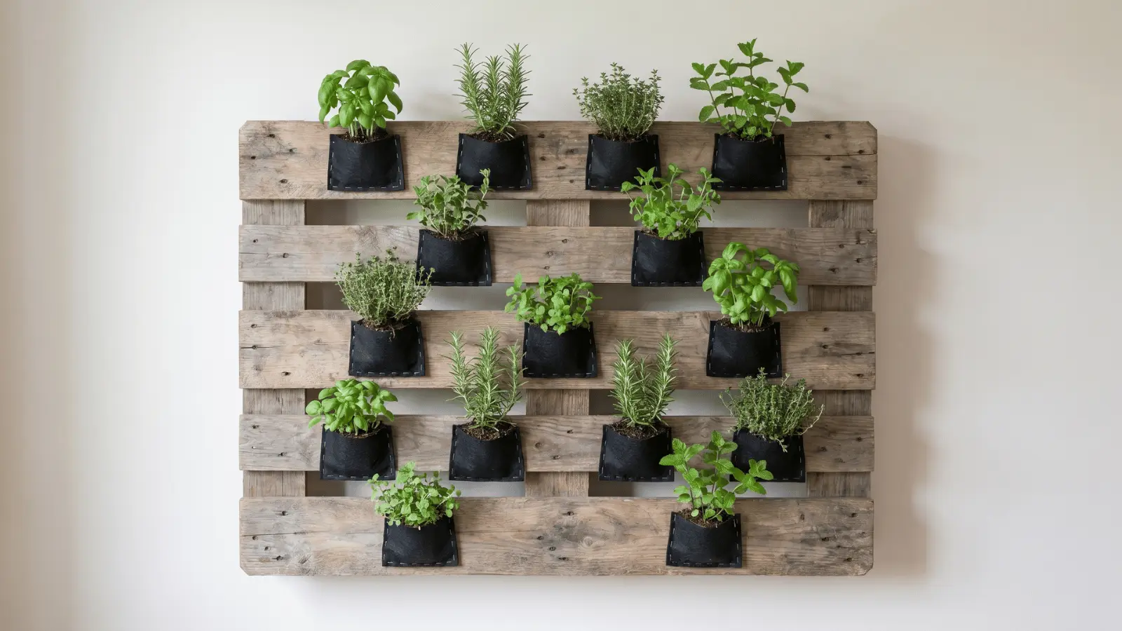 Vertical wooden pallet holding small herb plants in pockets