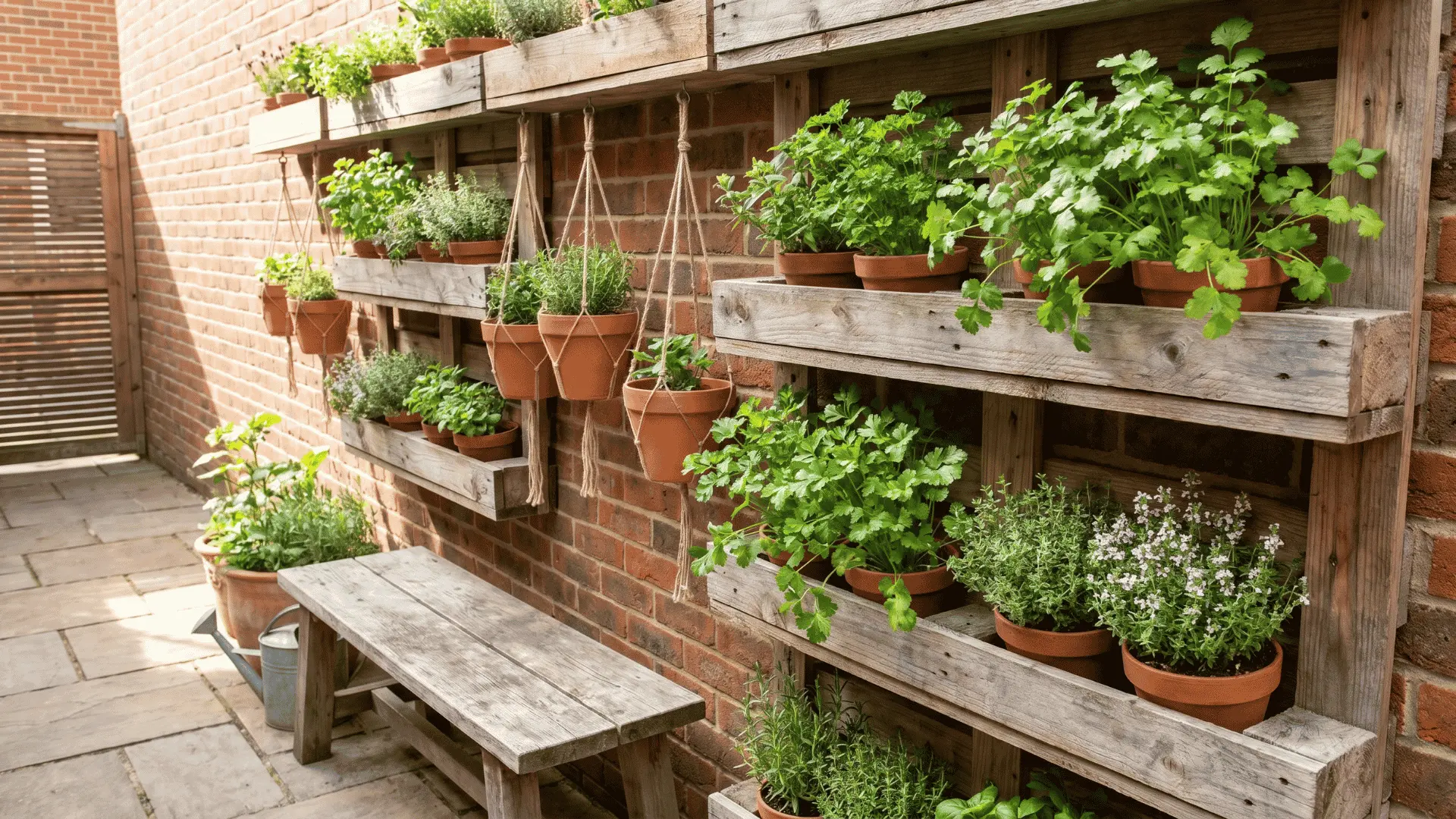 Vertical garden in a small outdoor setting with herbs like cilantro, parsley, and thyme growing on shelves and hanging planters.