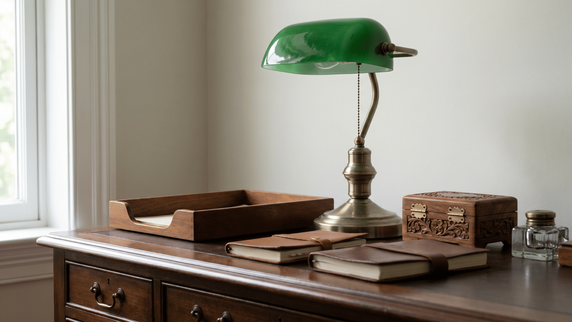 Vintage desk accessories arranged on a wooden writing desk
