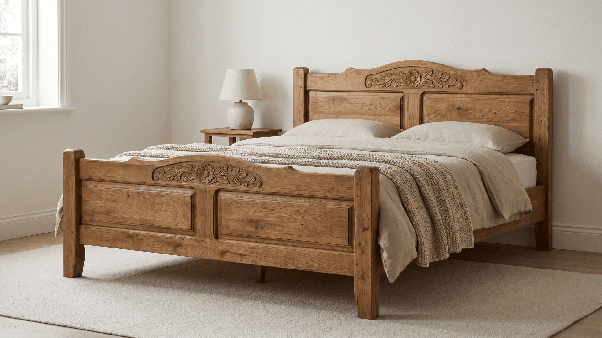 Vintage wooden bed frame with carved details in a simple bedroom