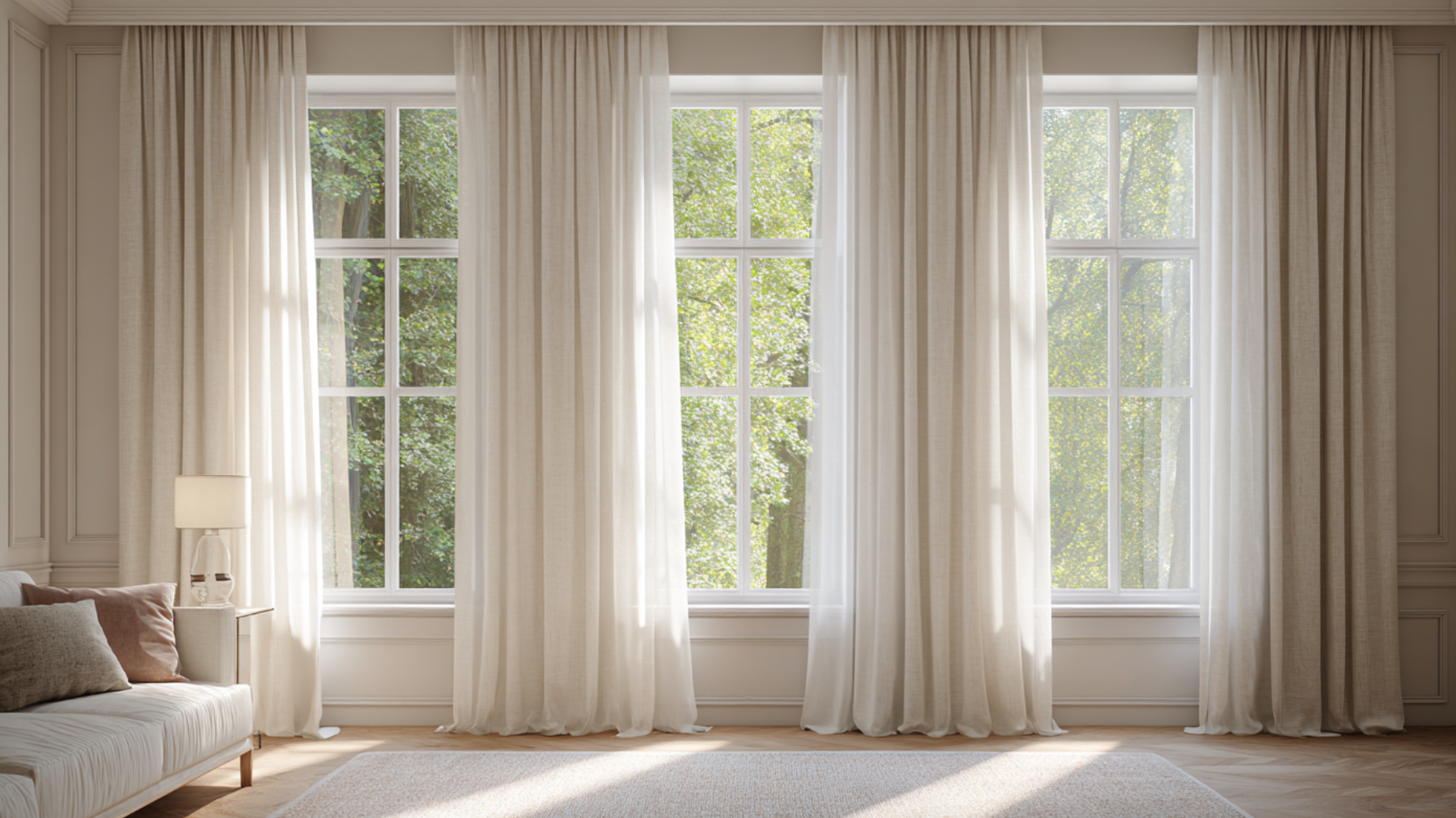 vsoft ivory sheer curtains draped across large windows in a bright living room with natural light and neutral decor