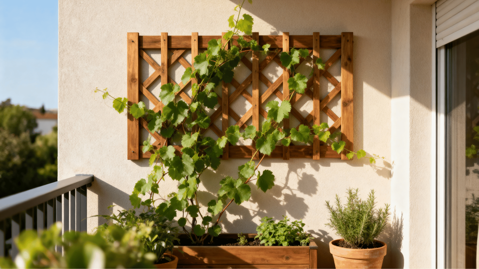 wall mounted wooden trellis with climbing green vines and potted plants on a sunny balcony patio wall