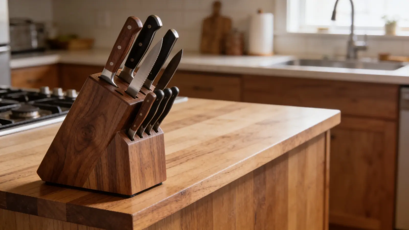 Walnut knife block with knives at kitchen island counter end
