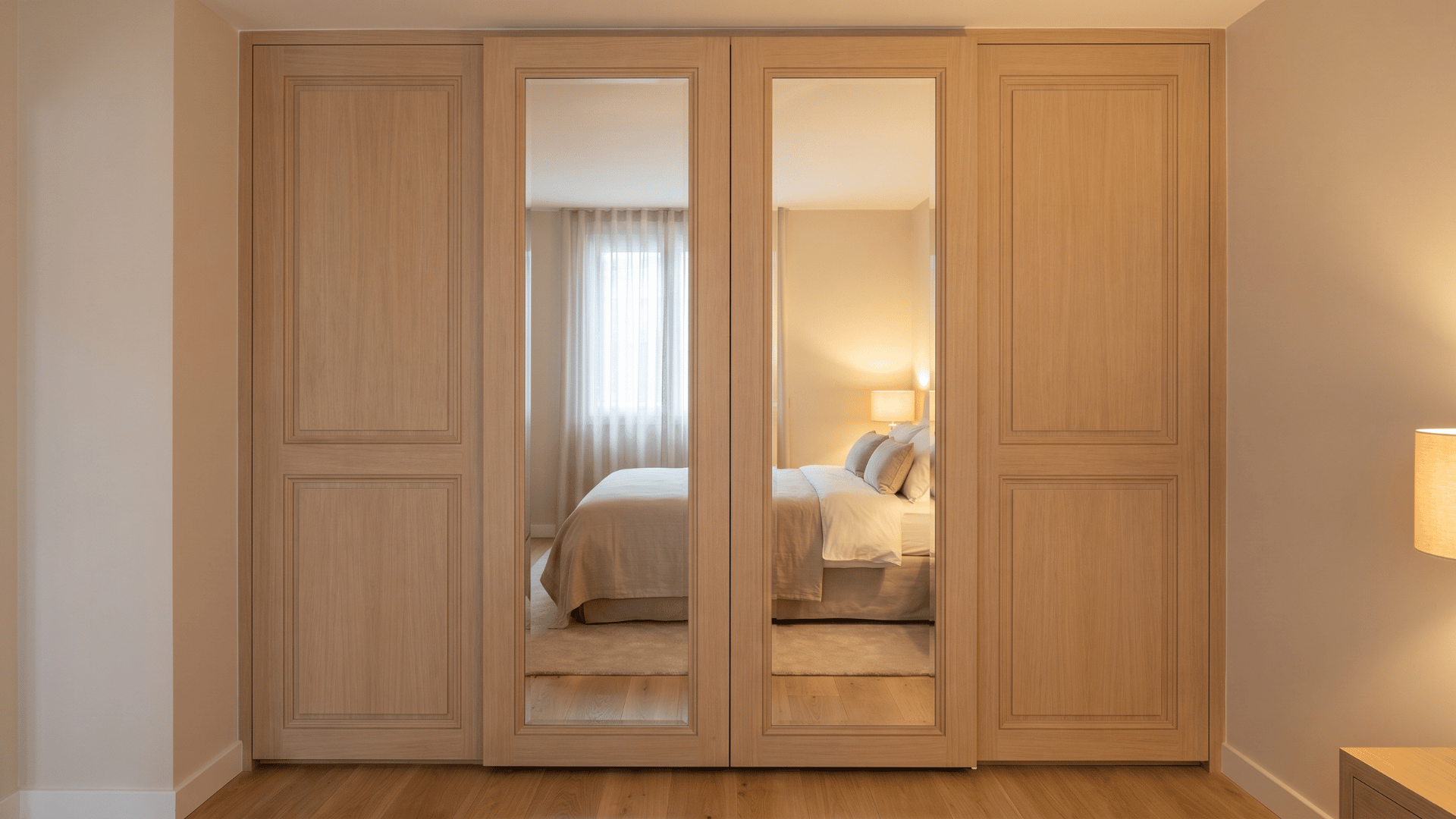 Wardrobe doors with tall paneled mirrors in a neutral bedroom