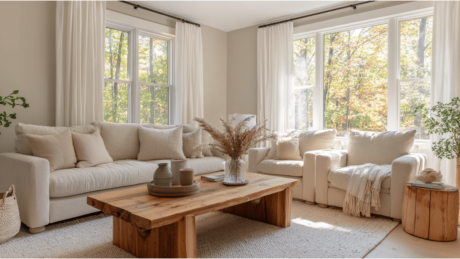 Warm living room with Accessible Beige walls, cozy neutral decor, natural sunlight, and soft wooden accents