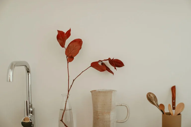 Dried red leaves in glass vase beside ceramic pitcher and cutlery holder on kitchen counter