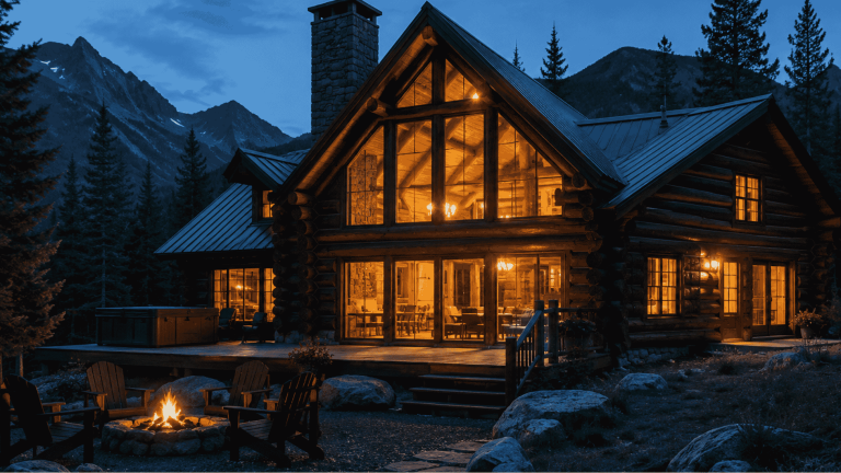 warm mountain cabin exterior with glowing lights, large windows, forest surroundings, and a cozy outdoor fire pit at dusk
