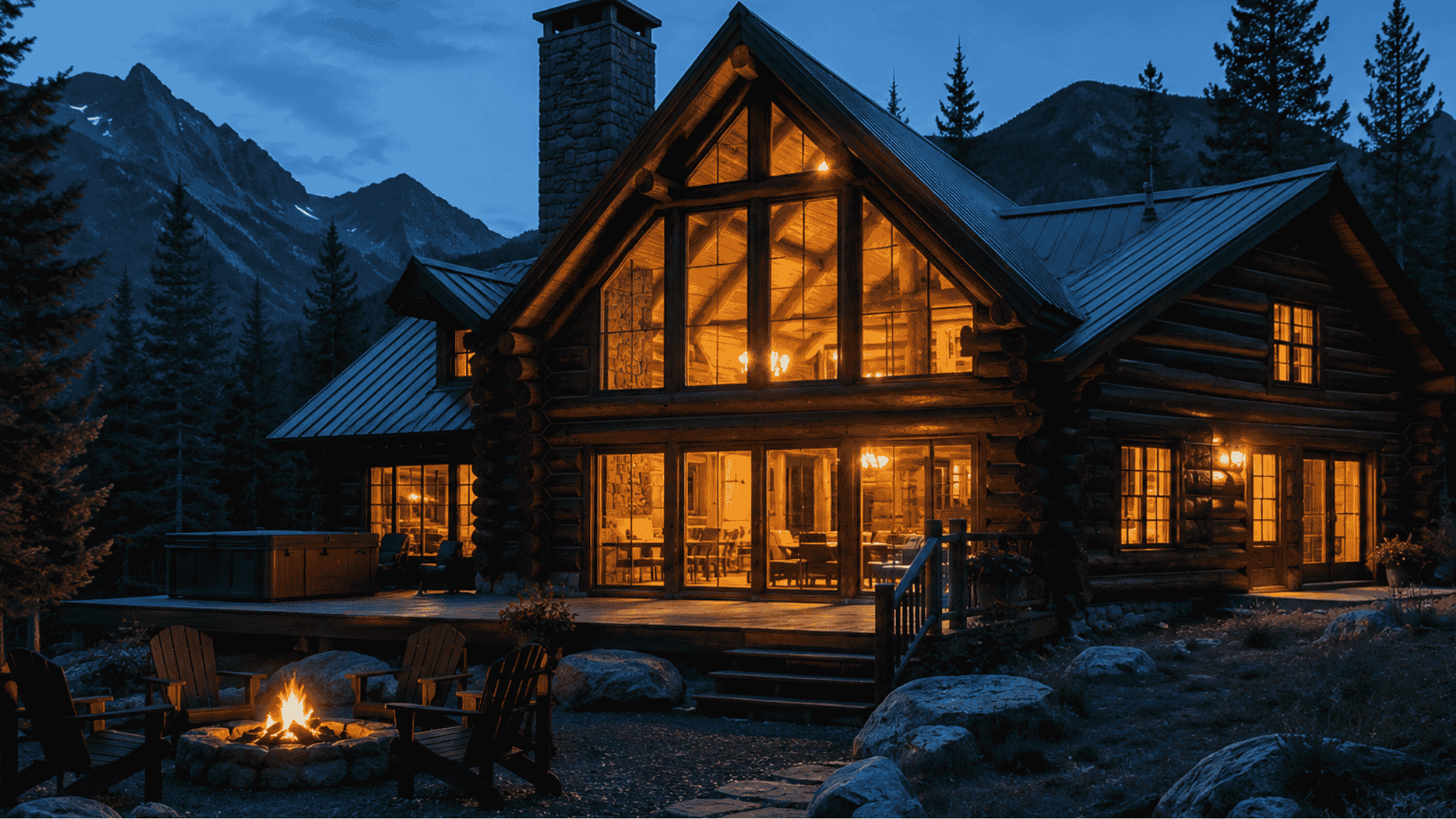 warm mountain cabin exterior with glowing lights, large windows, forest surroundings, and a cozy outdoor fire pit at dusk