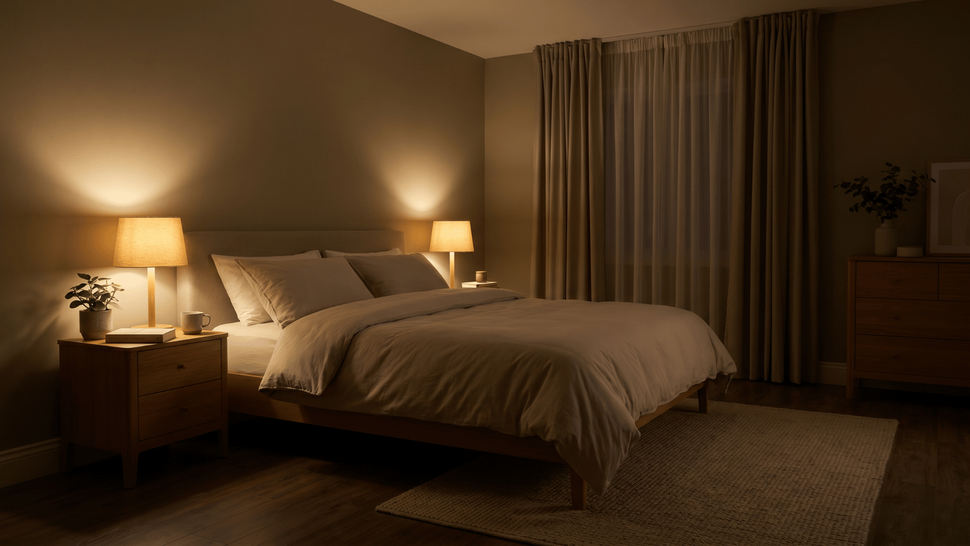Warm table lamps on bedside tables lighting a bedroom with a soft, low-light setting