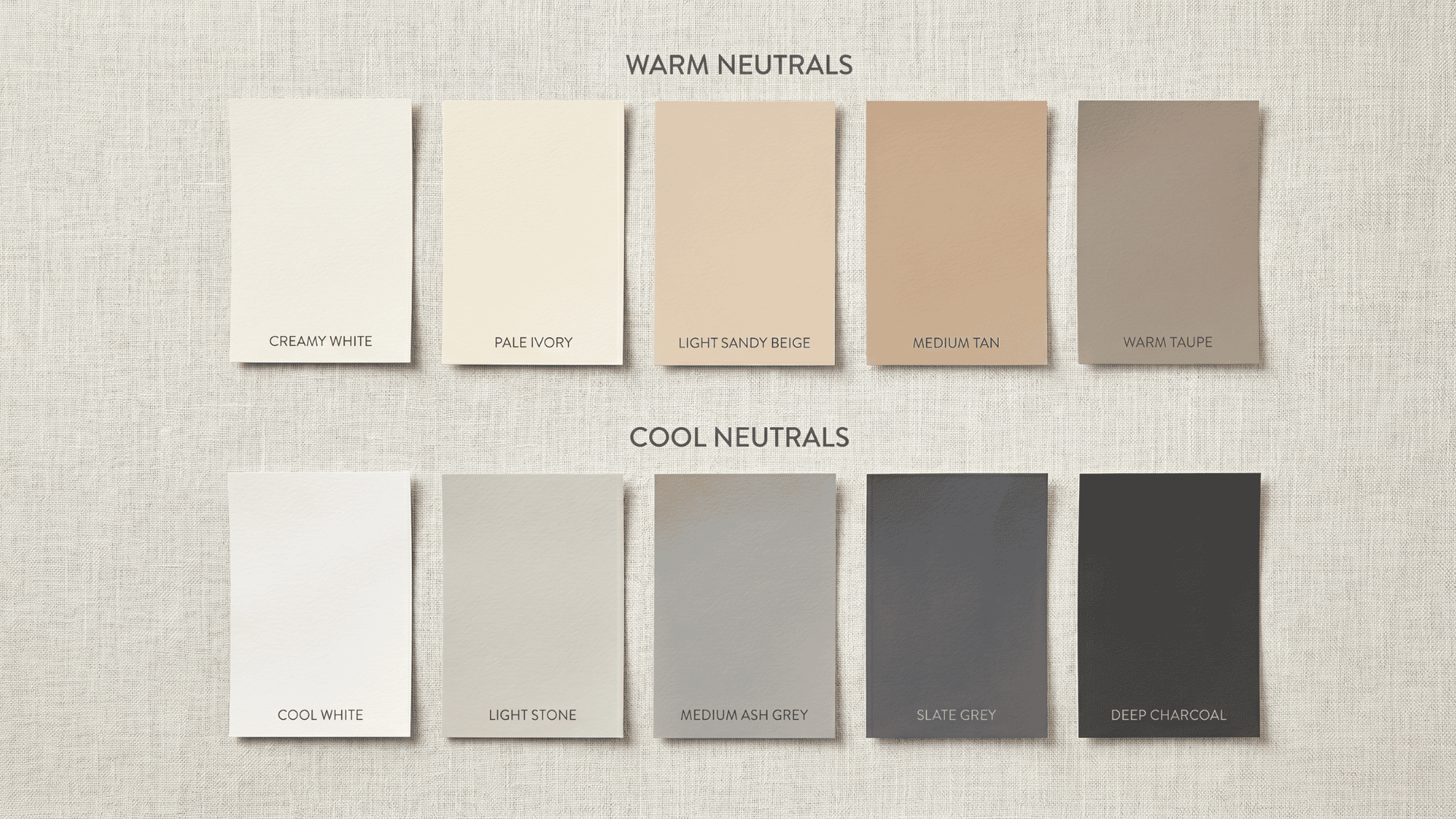 Color swatches comparing warm neutrals like cream and taupe against cool neutrals like ash grey and charcoal.
