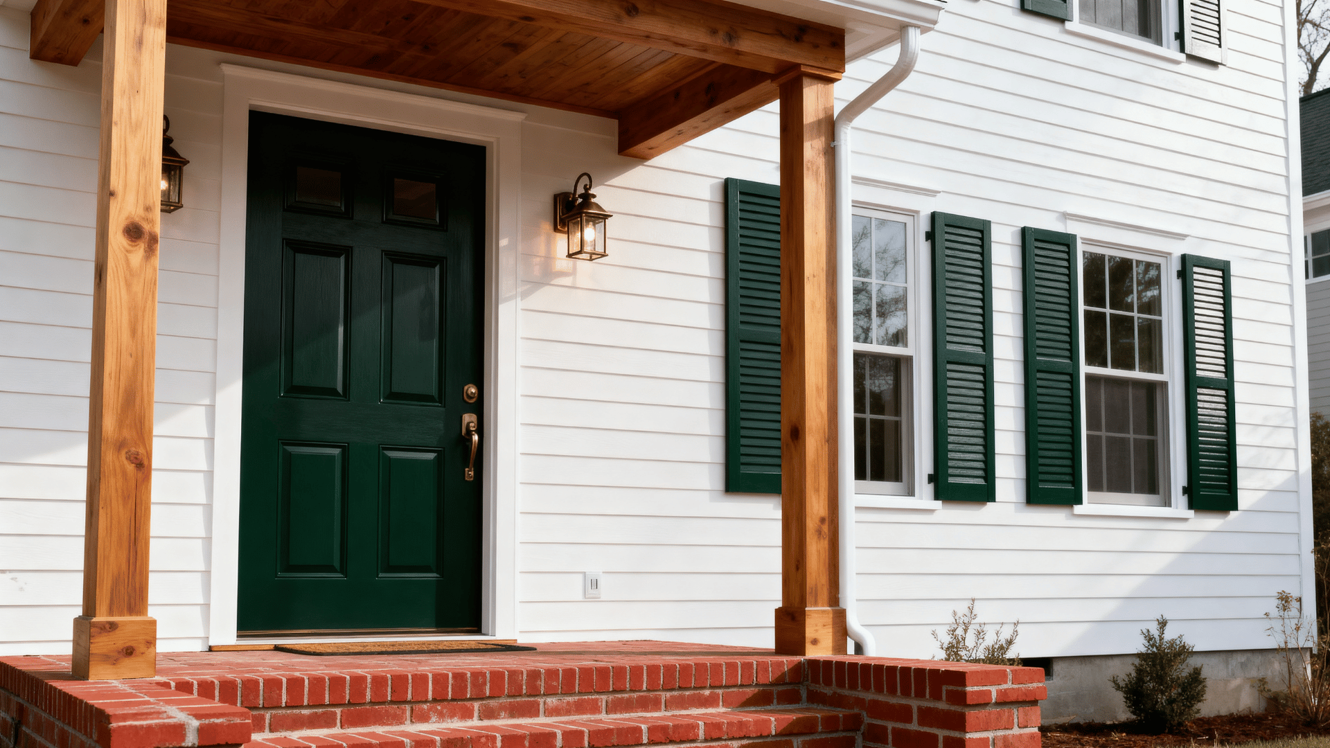 warm white home with deep green front door, matching shutters, red brick steps, wood details, and bronze lights